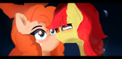 Size: 2220x1080 | Tagged: safe, artist:diamondgreenanimat0, derpibooru import, bright mac, pear butter, earth pony, pony, 2022, blue background, blue eyes, blushing, dark background, freckles, green eyes, holiday, kissing, love, moon, orange hair, red hair, seduction, simple background, surprised face, tree, valentine's day