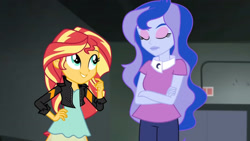 Size: 3410x1920 | Tagged: safe, derpibooru import, screencap, princess luna, sunset shimmer, vice principal luna, equestria girls, friendship games, clothes, crossed arms, duo, duo female, eyes closed, female, hand on hip, high res, jacket, leather, leather jacket, smiling