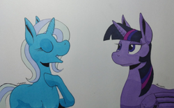 Size: 1882x1178 | Tagged: safe, artist:darkhestur, derpibooru import, trixie, twilight sparkle, twilight sparkle (alicorn), alicorn, unicorn, annoyed face, markers, simple background, talking, traditional art