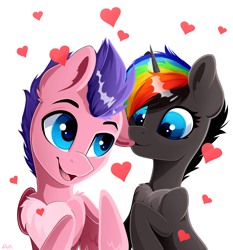 Size: 4000x4300 | Tagged: safe, artist:rainbowfire, derpibooru import, oc, pegasus, pony, unicorn, biting, blue eyes, chest fluff, couple, cute, female, heart, holiday, looking at you, love, lover, male, mare, smiling, smiling at you, stallion, valentine's day, valentine's day card