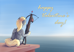 Size: 2384x1686 | Tagged: safe, artist:colourwave, derpibooru import, derpy hooves, pegasus, pony, arrow, crossbow, day, female, happy valentines day, heart, holiday, ocean, ponified, sitting, valentine's day, water, weapon