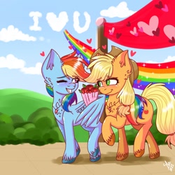 Size: 1280x1280 | Tagged: safe, artist:galaxy swirl, derpibooru import, applejack, rainbow dash, earth pony, pegasus, pony, appledash, female, floating heart, heart, hearts and hooves day, holiday, lesbian, one eye closed, shipping, valentine's day, wink