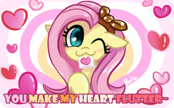 Size: 1280x800 | Tagged: safe, artist:brella, derpibooru import, fluttershy, pegasus, pony, :3, cute, heart, hearts and hooves day, holiday, looking at you, love letter, mouth hold, one eye closed, shyabetes, solo, valentine's day, wink, winking at you
