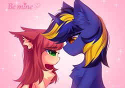 Size: 2409x1694 | Tagged: safe, artist:airiniblock, derpibooru import, oc, oc only, oc:airi, oc:vajr, bat pony, unicorn, floating heart, heart, heart eyes, hearts and hooves day, holiday, rcf community, shipping, valentine's day, wingding eyes