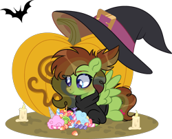 Size: 2109x1706 | Tagged: safe, artist:kurosawakuro, derpibooru import, oc, pegasus, pony, base used, candy, clothes, female, food, halloween, hat, holiday, hoodie, jack-o-lantern, lying down, mare, prone, pumpkin, simple background, solo, transparent background, witch hat