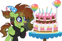 Size: 2532x1687 | Tagged: safe, artist:kurosawakuro, derpibooru import, oc, oc only, pegasus, pony, balloon, base used, cake, clothes, female, folded wings, food, hat, high res, hoodie, hoof on chest, mare, open mouth, open smile, party hat, pegasus oc, signature, simple background, smiling, solo, tail, transparent background, wings