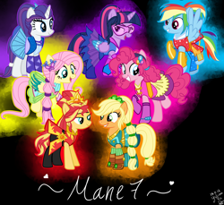 Size: 6000x5500 | Tagged: safe, alternate version, artist:yulianapie26, derpibooru import, applejack, fluttershy, pinkie pie, rainbow dash, rarity, sunset shimmer, twilight sparkle, earth pony, pegasus, pony, unicorn, equestria girls, legend of everfree, base used, clothes, dress, equestria girls outfit, eyelashes, female, freckles, grin, horn, mane six, mare, simple background, smiling, wings