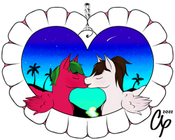 Size: 1000x800 | Tagged: safe, artist:approxxy, derpibooru import, oc, oc:approxxy, oc:melon specter, pegasus, beach, couple, heart, holiday, miami, night, valentine, valentine's day