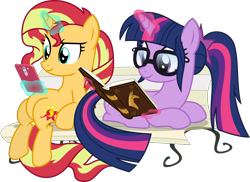 Size: 3000x2181 | Tagged: safe, artist:sketchmcreations, derpibooru import, sci-twi, sunset shimmer, twilight sparkle, unicorn twilight, pony, unicorn, equestria girls, bench, book, book of harmony, cellphone, equestria girls ponified, female, glasses, glowing, glowing horn, horn, lesbian, looking at something, magic, mare, meme, phone, ponified, ponytail, scitwishimmer, shipping, simple background, sitting, sitting lyra, smartphone, smiling, sunsetsparkle, telekinesis, transparent background, vector