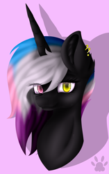 Size: 1941x3090 | Tagged: safe, artist:maneblue, derpibooru import, oc, oc only, pony, unicorn, bust, ear piercing, earring, female, heterochromia, horn, jewelry, mare, paw prints, piercing, pink background, simple background, solo, unicorn oc