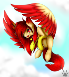 Size: 2327x2578 | Tagged: safe, artist:maneblue, derpibooru import, oc, oc only, pegasus, pony, flying, outdoors, paw prints, pegasus oc, smiling, solo