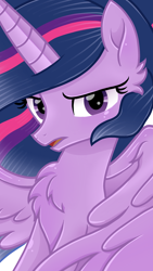 Size: 1080x1920 | Tagged: safe, artist:sallyso, derpibooru import, princess twilight 2.0, twilight sparkle, twilight sparkle (alicorn), alicorn, pony, the last problem, bust, chest fluff, ear fluff, ears, female, frown, mare, older, older twilight, solo