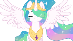 Size: 1280x720 | Tagged: safe, artist:sallyso, derpibooru import, princess celestia, alicorn, pony, bust, ethereal mane, female, hair over one eye, jewelry, mare, peytral, simple background, smiling, solo, spread wings, starry mane, tiara, white background, wings