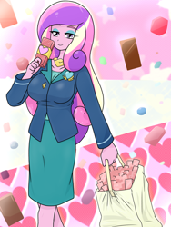 Size: 1668x2224 | Tagged: safe, artist:batipin, derpibooru import, dean cadance, princess cadance, equestria girls, bag, breasts, chocolate, chocolate bar, female, food, heart, holiday, lidded eyes, looking at you, princess cansdance, solo, valentine's day