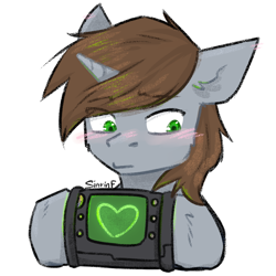 Size: 1024x1024 | Tagged: safe, artist:sinrinf, derpibooru import, oc, oc only, oc:littlepip, pony, unicorn, fallout equestria, blushing, holiday, pipbuck, simple background, solo, valentine's day, white background