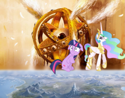 Size: 921x720 | Tagged: safe, anonymous artist, derpibooru exclusive, derpibooru import, edit, princess celestia, twilight sparkle, alicorn, pony, annoyed, armor, armored pony, biblically accurate angels, equestria, female, map of equestria, mare, mountain, ophanim, shocked, shocked expression