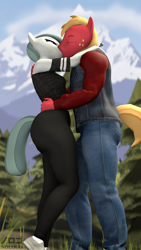 Size: 1080x1920 | Tagged: safe, artist:nologo, derpibooru import, big macintosh, marble pie, anthro, 3d, clothes, eyes closed, female, forest, hands on shoulder, hug, kissing, male, marblemac, outdoors, pants, shipping, straight, tree, yoga pants