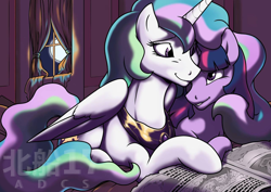 Size: 1280x904 | Tagged: safe, derpibooru import, princess celestia, twilight sparkle, twilight sparkle (alicorn), alicorn, book, cuddling, female, lesbian, looking at each other, looking at someone, love, moon, night, nuzzling, romance, shipping, smiling, twilestia