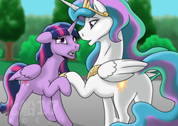 Size: 2710x1916 | Tagged: safe, derpibooru import, princess celestia, twilight sparkle, twilight sparkle (alicorn), alicorn, canterlot, confession, female, lesbian, looking at each other, looking at someone, love, raised hoof, raised leg, shipping, twilestia