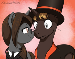 Size: 4200x3300 | Tagged: safe, artist:shannonworks, derpibooru import, oc, oc only, oc:private eye, oc:sonata, pony, unicorn, boop, clothes, cute, elements of justice, female, glasses, hat, lawyer, male, mare, noseboop, professor layton, shipping, stallion, suit, top hat, turnabout storm