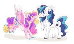 Size: 6288x3738 | Tagged: safe, derpibooru import, princess cadance, shining armor, alicorn, pony, unicorn, alternate design, alternate hairstyle, blushing, chest fluff, female, flower, flower in hair, heart, hearts and hooves day, holiday, letter, male, shiningcadance, shipping, simple background, straight, unshorn fetlocks, valentine's day, white background