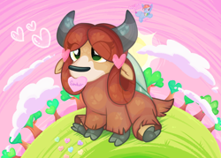 Size: 1950x1399 | Tagged: safe, artist:rainbow eevee, derpibooru import, yona, yak, beautiful, candy, candy hearts, cloud, cute, digital art, female, food, grass, green eyes, heart, hearts and hooves day, hill, holiday, implied sandbar, monkey swings, mouth hold, sitting, solo, sun, sunset, text, tree, valentine's day, yonadorable