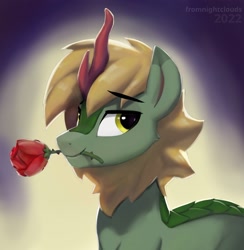 Size: 1920x1966 | Tagged: safe, artist:fromnightclouds, derpibooru import, oc, oc only, kirin, bust, eyebrows, eyebrows visible through hair, flower, flower in mouth, horn, kirin oc, lidded eyes, looking at you, male, mouth hold, open mouth, portrait, rose, rose in mouth, smiling, smiling at you, solo