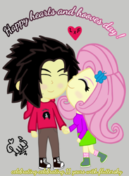 Size: 1920x2616 | Tagged: safe, artist:flutteryaylove, derpibooru import, fluttershy, oc, oc:lusshy aragrev, converse, drawing, gray background, hearts and hooves day, kiss on the cheek, kissing, shoes, simple background, smiling, text