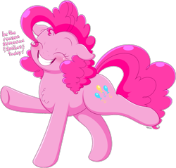 Size: 1919x1836 | Tagged: safe, artist:wownamesarehard, derpibooru exclusive, derpibooru import, pinkie pie, earth pony, pony, bipedal, chest fluff, cute, dialogue, diapinkes, eyes closed, female, grin, mare, positive ponies, raised leg, simple background, smiling, solo, transparent background