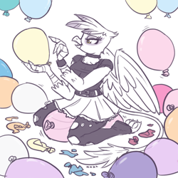 Size: 1600x1600 | Tagged: safe, artist:king-kakapo, derpibooru import, gilda, anthro, balloon, balloon popping, balloon sitting, belt, choker, clothes, commission, kneeling, popping, ripped stockings, sketch, skirt, stockings, thigh highs, torn clothes