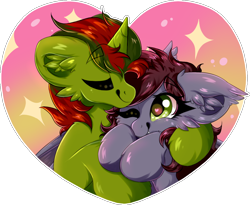 Size: 976x801 | Tagged: safe, artist:woonborg, derpibooru import, oc, oc:blobel, oc:sweetnight, bat pony, unicorn, commission, heart, hearts and hooves day, holiday, valentine, valentine's day, ych result, your character here