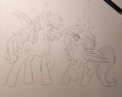 Size: 3024x2411 | Tagged: safe, artist:nightydream, derpibooru import, oc, oc only, oc:blood moon, oc:moonbite, bat pony, female, male, mare, monochrome, stallion, traditional art