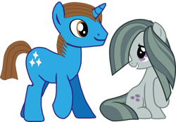 Size: 1280x891 | Tagged: safe, artist:ncolque, derpibooru import, marble pie, oc, oc:sharp stars, earth pony, pony, unicorn, brown eyes, brown mane, brown tail, duo, female, full body, grin, hooves, horn, looking back, male, mare, purple eyes, shipping, simple background, smiling, stallion, tail, transparent background, unicorn oc