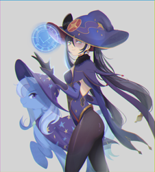 Size: 1280x1414 | Tagged: safe, artist:babybearkiki, derpibooru import, trixie, human, pony, unicorn, breasts, cape, clothes, crossover, ear piercing, earring, genshin impact, hat, jewelry, mona (genshin impact), piercing, stockings, thigh highs, trixie's cape, trixie's hat, witch hat