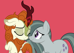 Size: 2920x2080 | Tagged: safe, artist:squipycheetah, derpibooru import, autumn blaze, marble pie, earth pony, kirin, pony, crack shipping, cute, duo, duo female, ears, eyes closed, female, floppy ears, high res, lesbian, looking at someone, marbleblaze, mare, pink background, purple eyes, raised hoof, raised leg, shipping, simple background, smiling