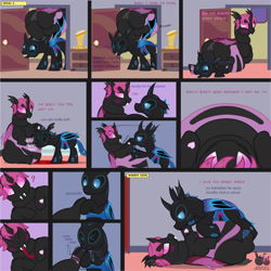 Size: 1659x1662 | Tagged: safe, artist:wheatley r.h., derpibooru exclusive, derpibooru import, oc, oc only, oc:lara, oc:w. rhinestone eyes, changeling, comic:still hungry, bat wings, bedroom eyes, belly, belly bed, bellyrubs, big belly, biting, blue blush, blue changeling, blushing, changeling oc, chunkling, fangs, fat, female, happy, heart, holding a changeling, honeypot changeling, hoof biting, hooves, horn, impossibly large belly, love, male, mare, nom, obese, pink changeling, sharp teeth, spanish, stallion, stuck, teeth, tongue, tongue out, trophy, vector, watermark, wings