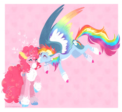 Size: 1280x1178 | Tagged: safe, artist:wanderingpegasus, derpibooru import, pinkie pie, rainbow dash, earth pony, pegasus, pony, alternate hairstyle, chest fluff, coat markings, cute, dashabetes, diapinkes, duo, eyes closed, februpony, female, flying, heart, holiday, lesbian, mare, nuzzling, pinkiedash, redesign, shipping, unshorn fetlocks, valentine's day