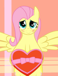 Size: 858x1130 | Tagged: safe, derpibooru import, fluttershy, blushing, candy, chocolate, food, heart, hearts and hooves day, holiday, looking at you, smiling, solo, valentine's day