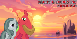 Size: 2064x1049 | Tagged: safe, artist:dashiesparkle, artist:jhayarr23, artist:not-yet-a-brony, derpibooru import, big macintosh, marble pie, earth pony, 2022, beach, bittersweet, cloud, duo, february, female, friends, friendship, hearts and hooves day, heartwarming, holiday, honorary cousin, implied sugarmac, looking at each other, looking at someone, male, mare, movie reference, not shipping, ocean, platonic, scenery, ship sinking, song reference, stallion, sunset, valentine's day, water, youtube link in the description