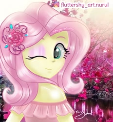 Size: 1506x1622 | Tagged: safe, artist:fluttershy_art.nurul, derpibooru import, fluttershy, human, equestria girls, bare shoulders, beautiful, beautiful eyes, beautisexy, bust, clothes, cute, dress, eyelashes, eyeshadow, female, flower, hairpin, humanized, looking at you, makeup, one eye closed, pink background, rose, shyabetes, simple background, solo, wink, winking at you