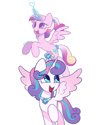 Size: 814x1000 | Tagged: safe, artist:risswm, derpibooru import, princess cadance, princess flurry heart, alicorn, pony, crown, eye clipping through hair, female, glowing, glowing horn, hooves, horn, jewelry, mare, older, older flurry heart, open mouth, open smile, raised hoof, raised leg, regalia, shading, signature, simple background, smiling, spread wings, tail, teen princess cadance, white background, wings