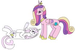 Size: 3104x2081 | Tagged: safe, artist:supahdonarudo, derpibooru import, fleur-de-lis, princess cadance, alicorn, pony, unicorn, crown, duo, duo female, female, folded wings, full body, high res, hoof shoes, hooves, horn, jewelry, lidded eyes, looking at each other, looking at someone, lying down, mare, multicolored mane, multicolored tail, on back, open mouth, open smile, raised hoof, raised leg, regalia, simple background, smiling, standing, tail, transparent background, wings