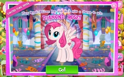 Size: 1920x1200 | Tagged: safe, derpibooru import, screencap, candy apples, svengallop, earth pony, pegasus, pony, apple crisp, apple family member, compass, diamond rose, female, full body, gameloft, hooves, male, mare, smiling, spread wings, stallion, standing, sweet apple acres, tail, text, wings