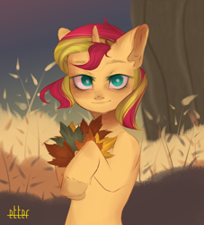 Size: 1024x1126 | Tagged: safe, artist:etter, derpibooru import, sunset shimmer, unicorn, autumn, cute, leaves, not porn, solo, watermark