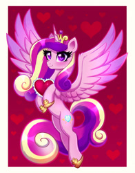 Size: 1920x2452 | Tagged: safe, artist:confetticakez, derpibooru import, princess cadance, alicorn, pony, crown, cute, eyelashes, feather, female, happy, heart, hoof shoes, horn, jewelry, mare, pink eyes, red background, regalia, simple background, smiling, solo, spread wings, wingding eyes, wings