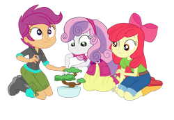 Size: 3900x2693 | Tagged: safe, artist:gmaplay, derpibooru import, apple bloom, scootaloo, sweetie belle, better together, equestria girls, happily ever after party, happily ever after party: applejack, belt, bonsai, boots, clothes, hoodie, jeans, pants, shoes, shorts, simple background, sitting, skirt, transparent background