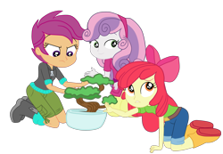 Size: 3900x2693 | Tagged: safe, alternate version, artist:gmaplay, derpibooru import, apple bloom, scootaloo, sweetie belle, better together, equestria girls, happily ever after party, happily ever after party: applejack, belt, bonsai, boots, clothes, hoodie, jeans, kneeling, pants, shoes, shorts, simple background, sitting, skirt, transparent background