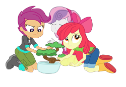 Size: 3900x2693 | Tagged: safe, artist:gmaplay, derpibooru import, apple bloom, scootaloo, sweetie belle, better together, equestria girls, happily ever after party, happily ever after party: applejack, belt, bonsai, boots, clothes, hoodie, jeans, kneeling, pants, shoes, shorts, simple background, sitting, skirt, transparent background