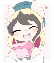 Size: 1729x2022 | Tagged: safe, artist:ginmaruxx, derpibooru import, oc, oc only, earth pony, pony, blushing, bust, clothes, cute, earth pony oc, emanata, eyes closed, female, happy, hat, heart, holding a present, mare, open mouth, open smile, partial background, present, simple background, smiling, solo