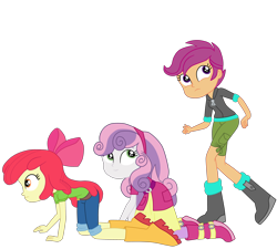 Size: 3700x3333 | Tagged: safe, artist:gmaplay, derpibooru import, apple bloom, scootaloo, sweetie belle, better together, equestria girls, happily ever after party, happily ever after party: applejack, belt, boots, clothes, hoodie, jeans, pants, shoes, simple background, skirt, sneaking, transparent background